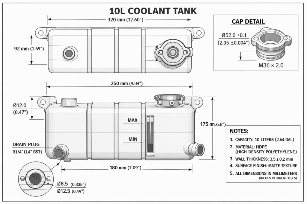 10L Coolant Tank technical drawing